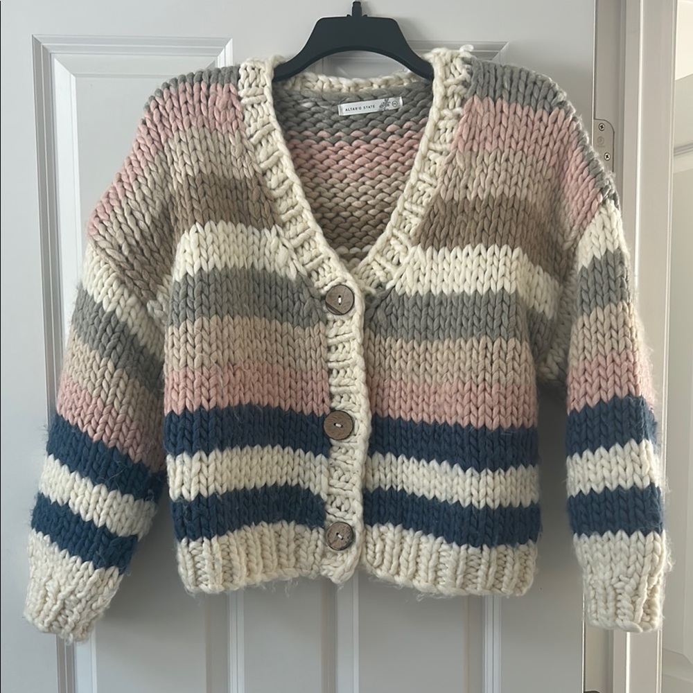Altar'd State Cream and Pink Chunky Knit Cardigan